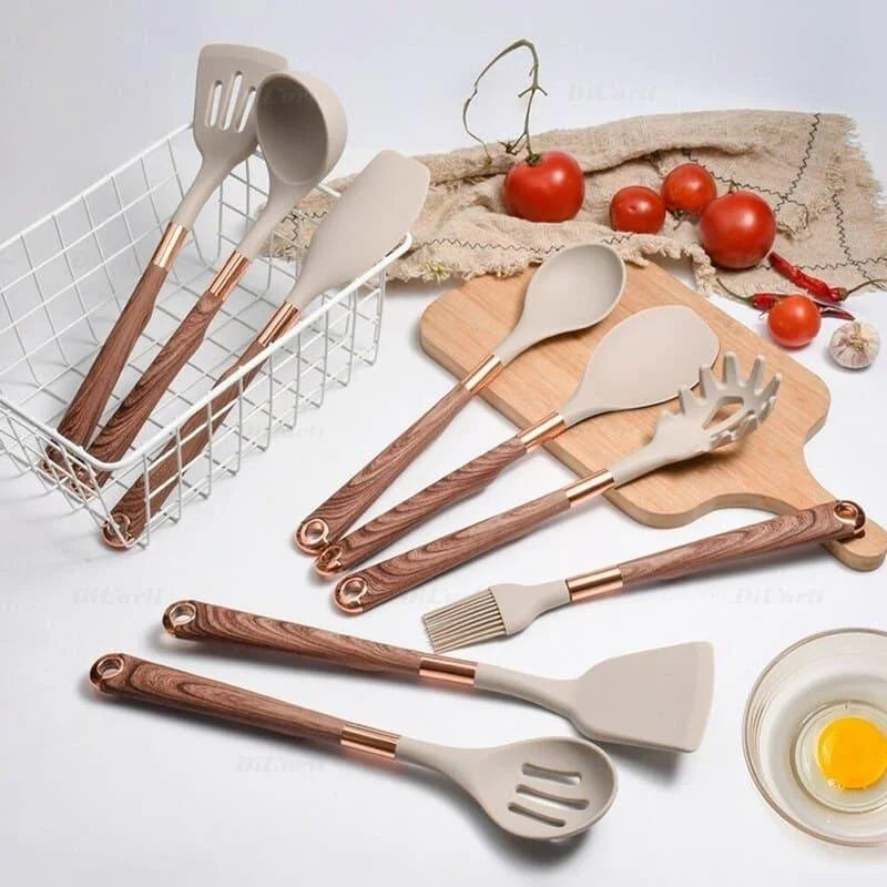 Kit Utensílios de Cozinha 10 Peças em Silicone Rosé com Organizador Lenogue