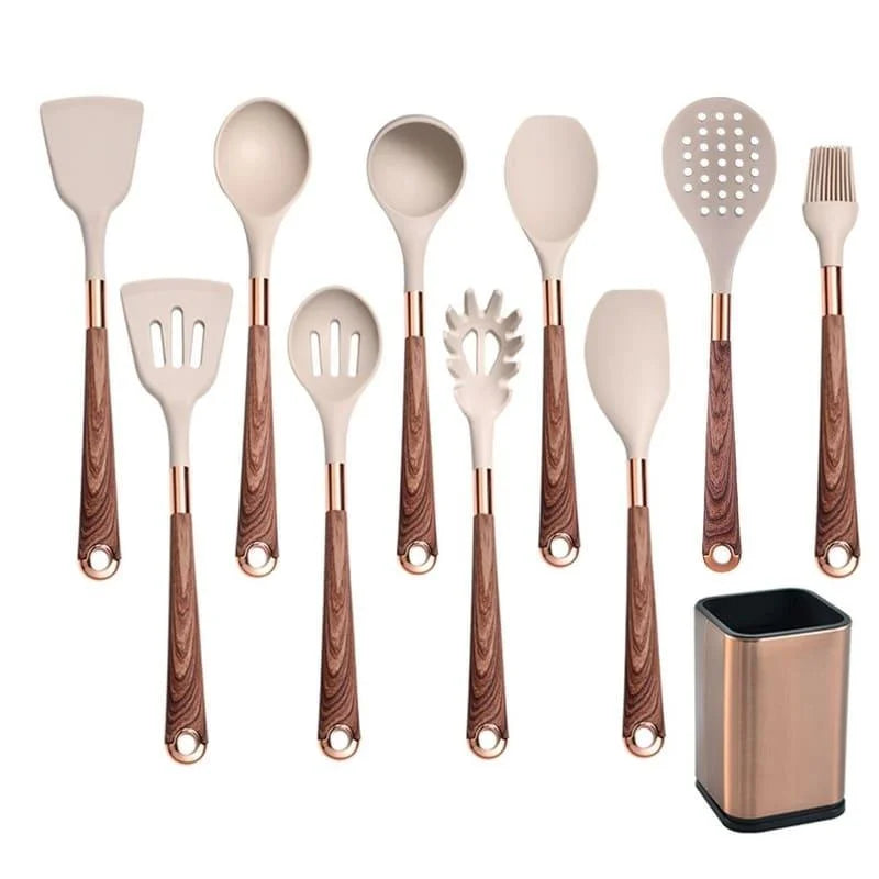 Kit Utensílios de Cozinha 10 Peças em Silicone Rosé com Organizador Lenogue