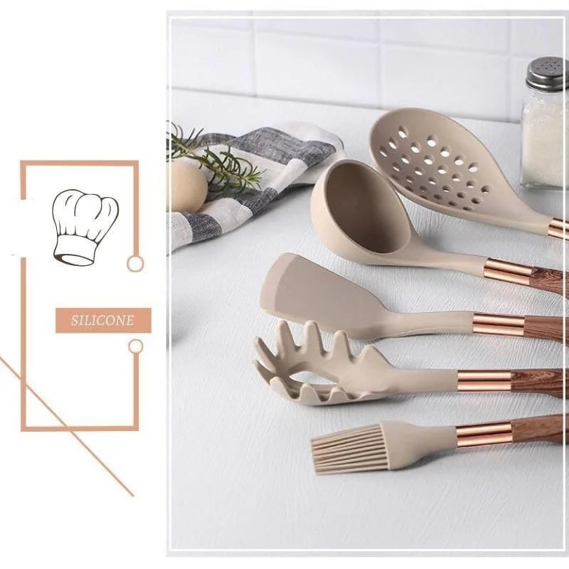 Kit Utensílios de Cozinha 10 Peças em Silicone Rosé com Organizador Lenogue