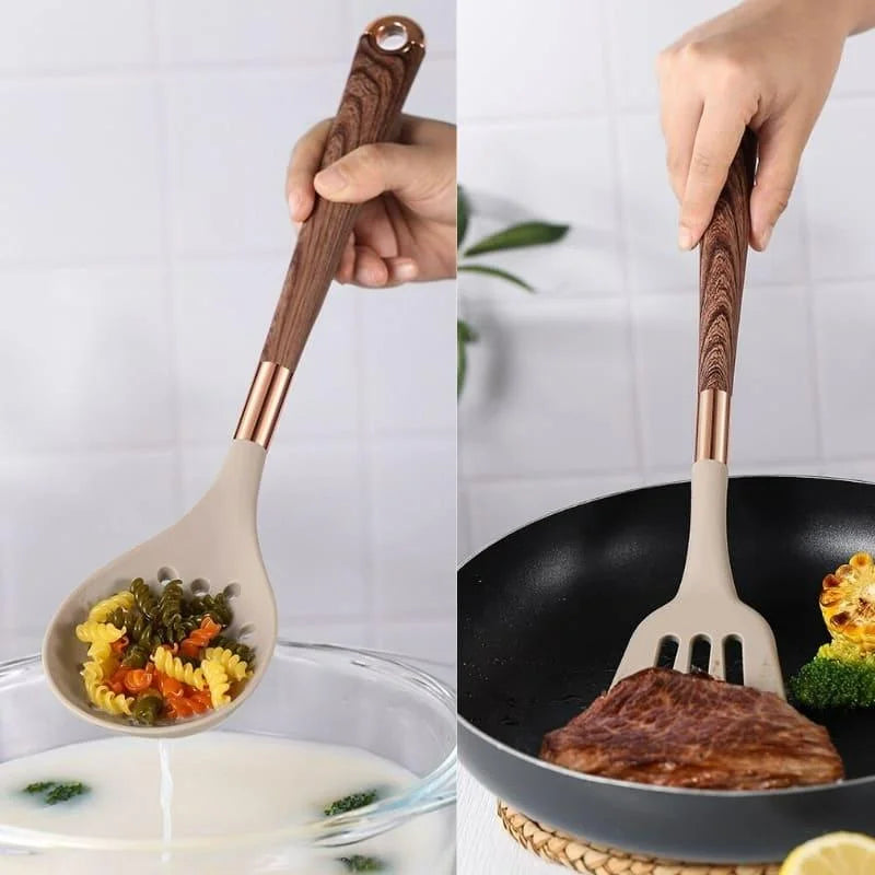 Kit Utensílios de Cozinha 10 Peças em Silicone Rosé com Organizador Lenogue