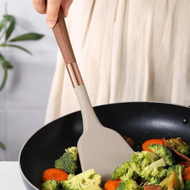 Kit Utensílios de Cozinha 10 Peças em Silicone Rosé com Organizador Lenogue