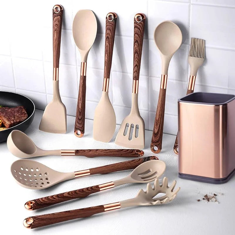 Kit Utensílios de Cozinha 10 Peças em Silicone Rosé com Organizador Lenogue