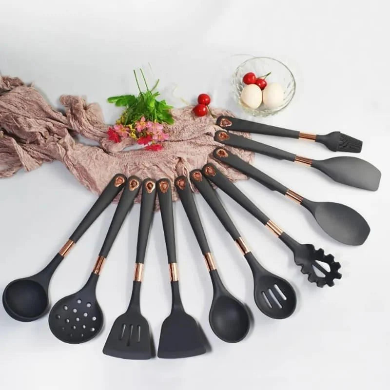 Kit Utensílios de Cozinha 10 Peças em Silicone Rosé com Organizador Lenogue