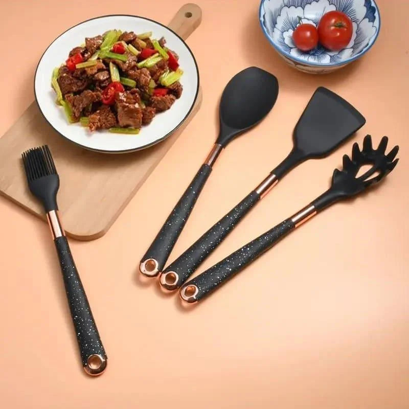 Kit Utensílios de Cozinha 10 Peças em Silicone Rosé com Organizador Lenogue