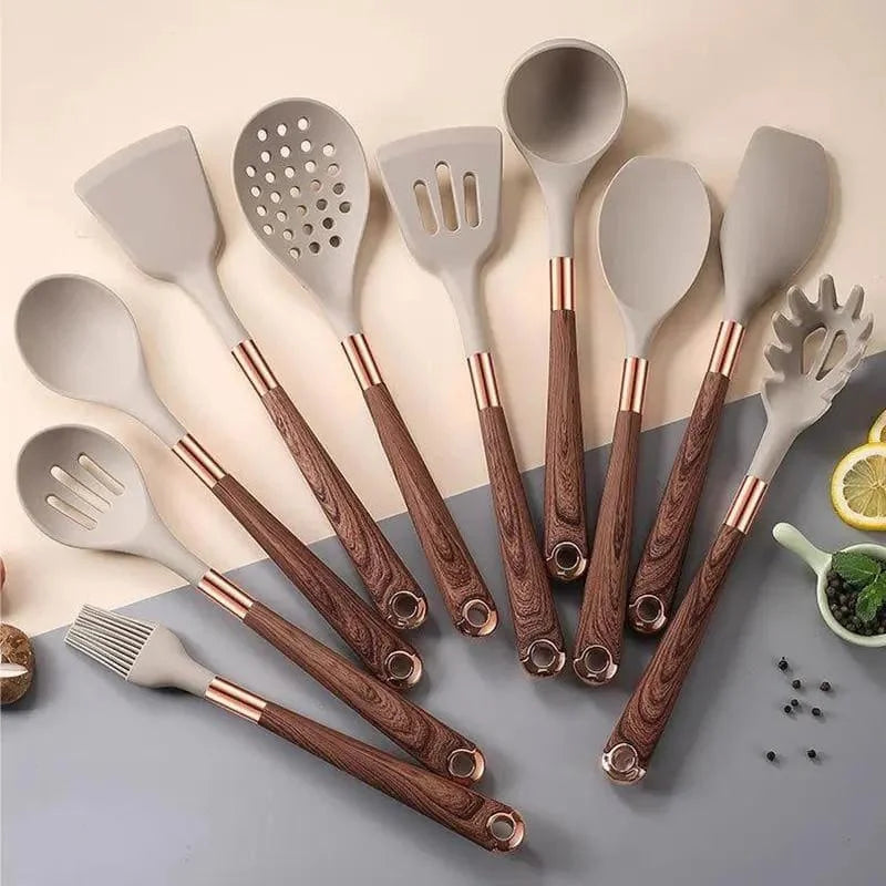 Kit Utensílios de Cozinha 10 Peças em Silicone Rosé com Organizador Lenogue
