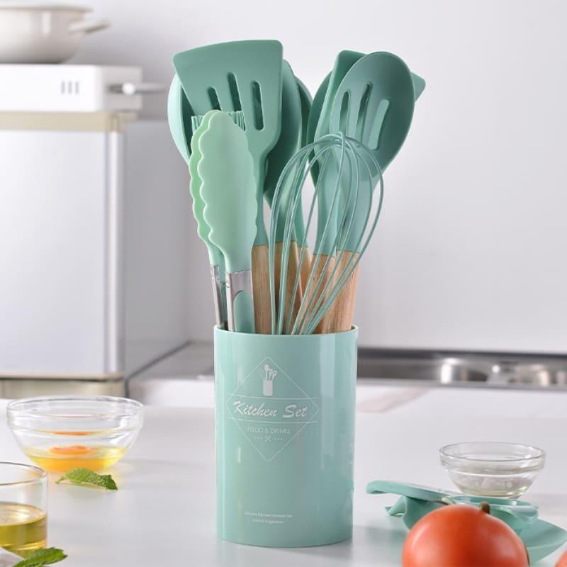 Kit Utensílios de Cozinha 14 Peças Silicone Com Organizador Lenogue