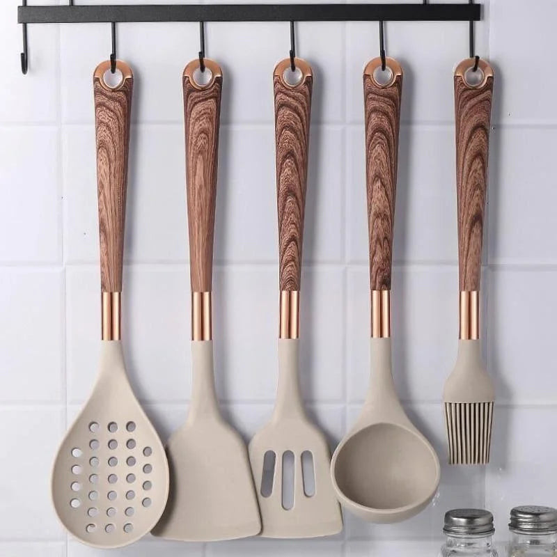 Kit Utensílios de Cozinha Silicone 10 Peças com Organizador Rosé Lenogue