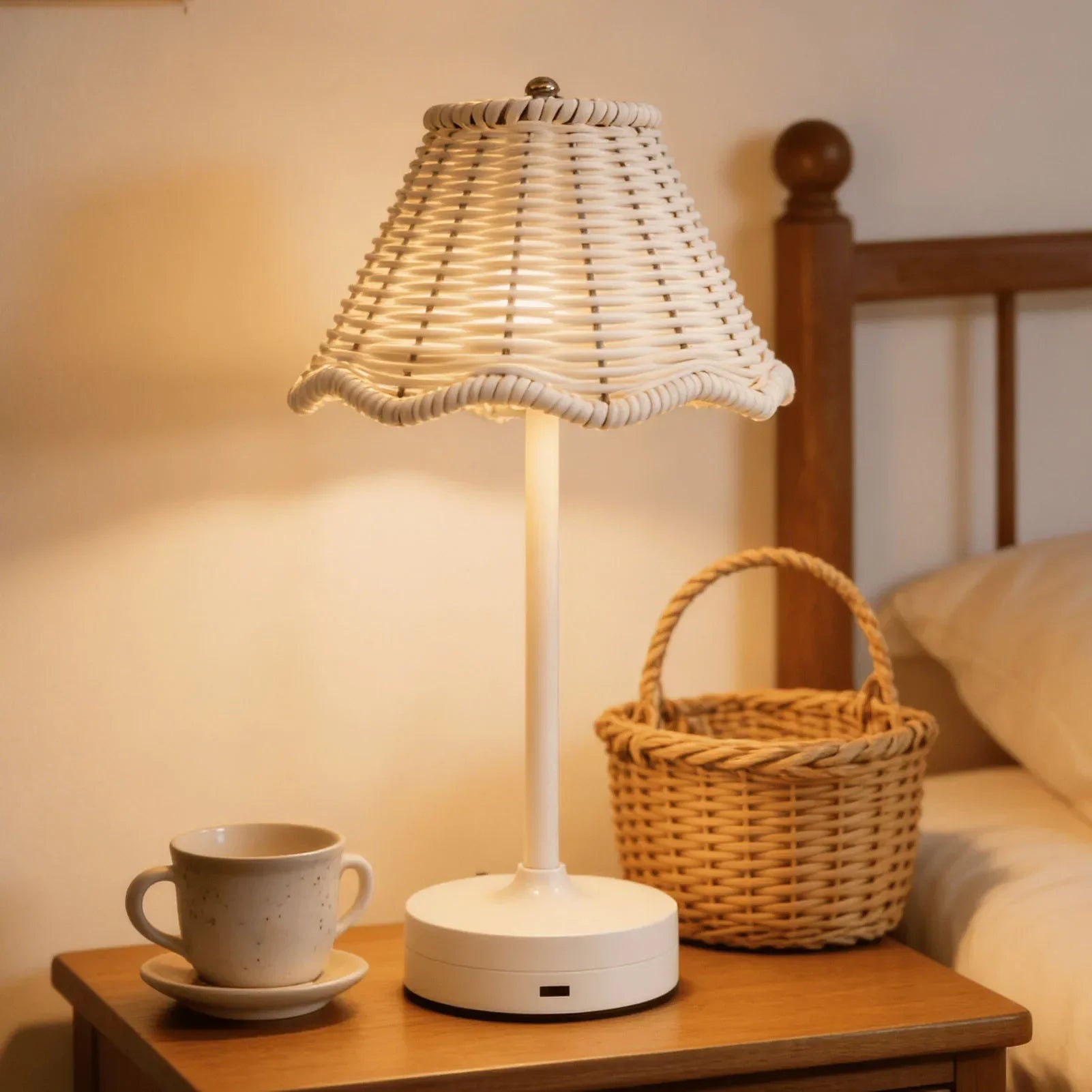 Luminária de Mesa Rattan Rotin sem Fio Brilho Ajustável Lenogue Branco