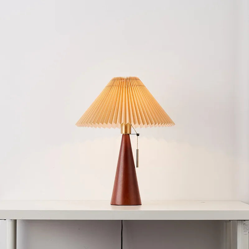Luminária Mesa Madeira Vintage Cúpula Plissada Estilo Nórdico Lenogue Madeira Escura / 35 x 50 cm