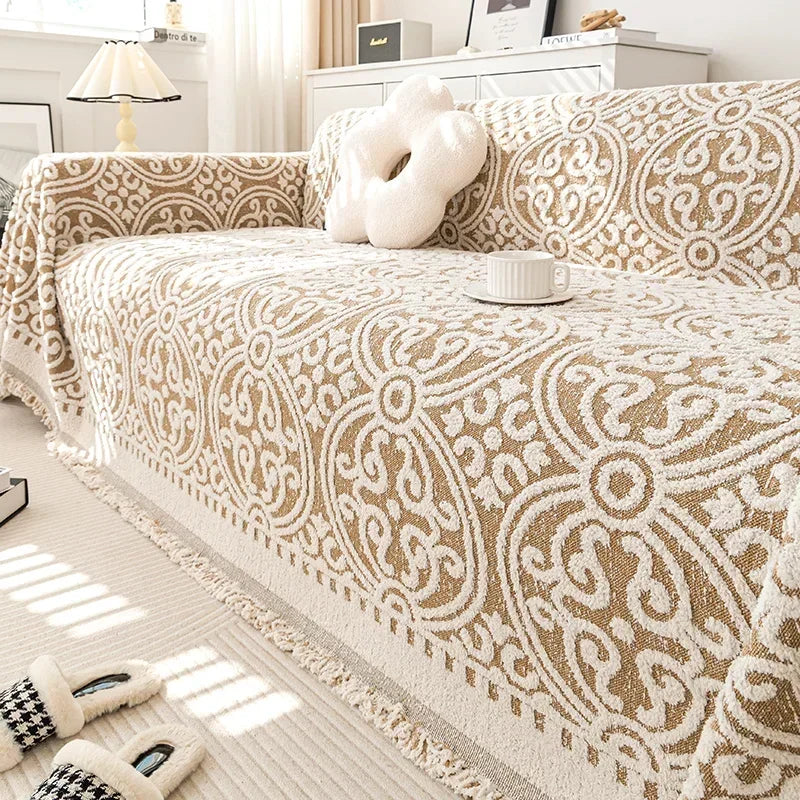 Manta de Pelúcia Espessa Boho para Sofá Bege e Branco Lenogue Bege e Branco / 180 x 230cm