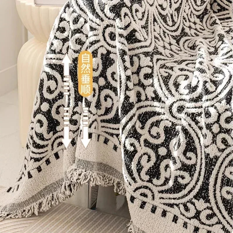 Manta de Pelúcia Espessa Boho para Sofá Preto e Branco Lenogue
