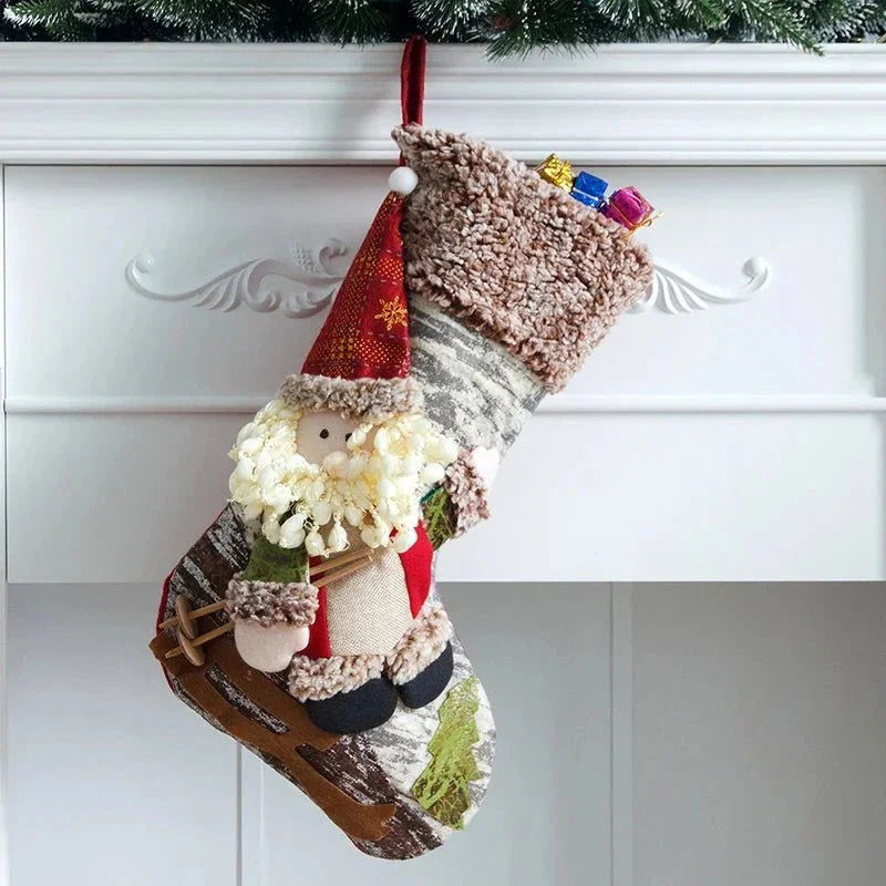 Meia Natalina Decorativa de Cânhamo e Flanela para Lareira 48cm Lenogue