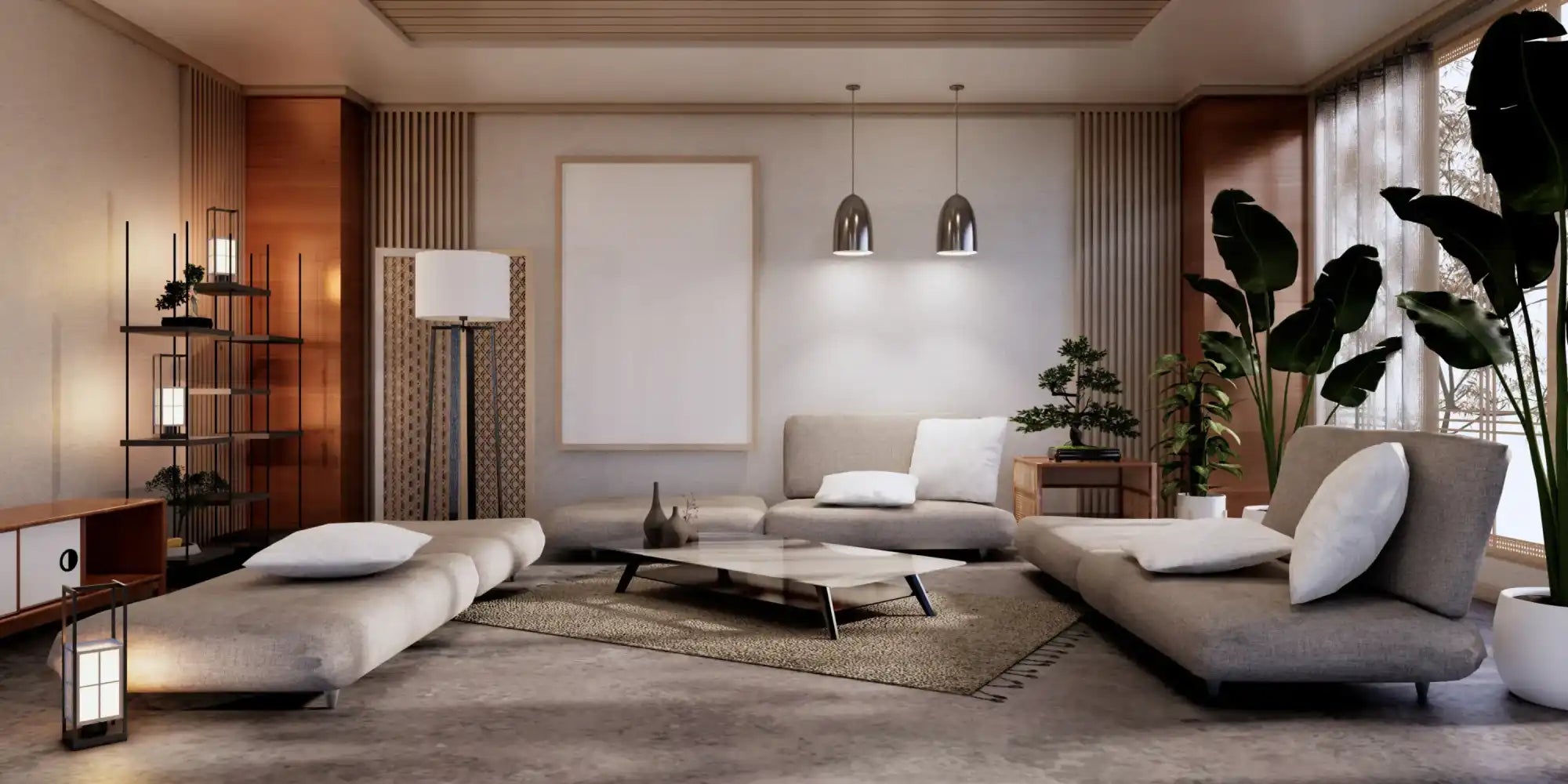 Sala de estar moderna com assentos cinza de baixo perfil e iluminação pendente.