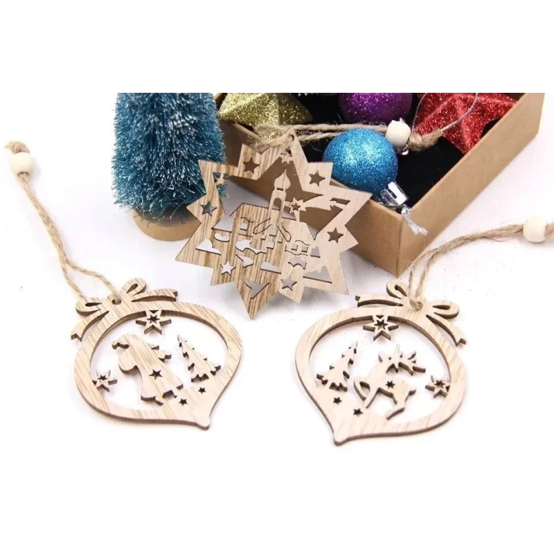 Pingentes de Natal Rústicos em Madeira 12 Unidades para árvore Lenogue Branca (12 Unidades)
