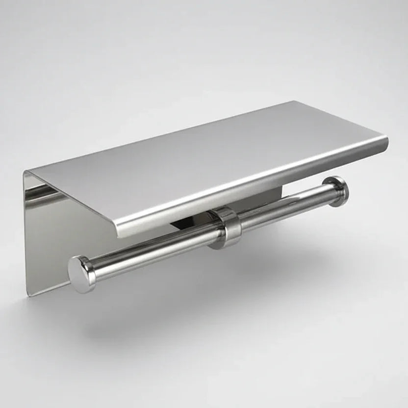 Porta Papel Higiênico com Prateleira em Aço Inox Lenogue Prata (duplo)