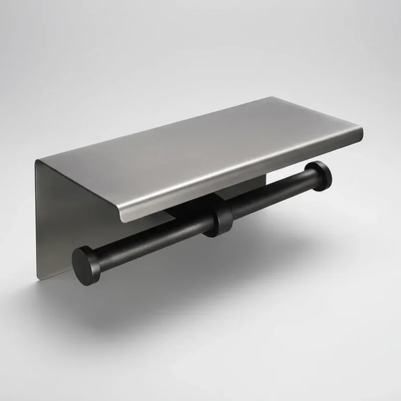 Porta Papel Higiênico com Prateleira em Aço Inox Lenogue Preto (duplo)