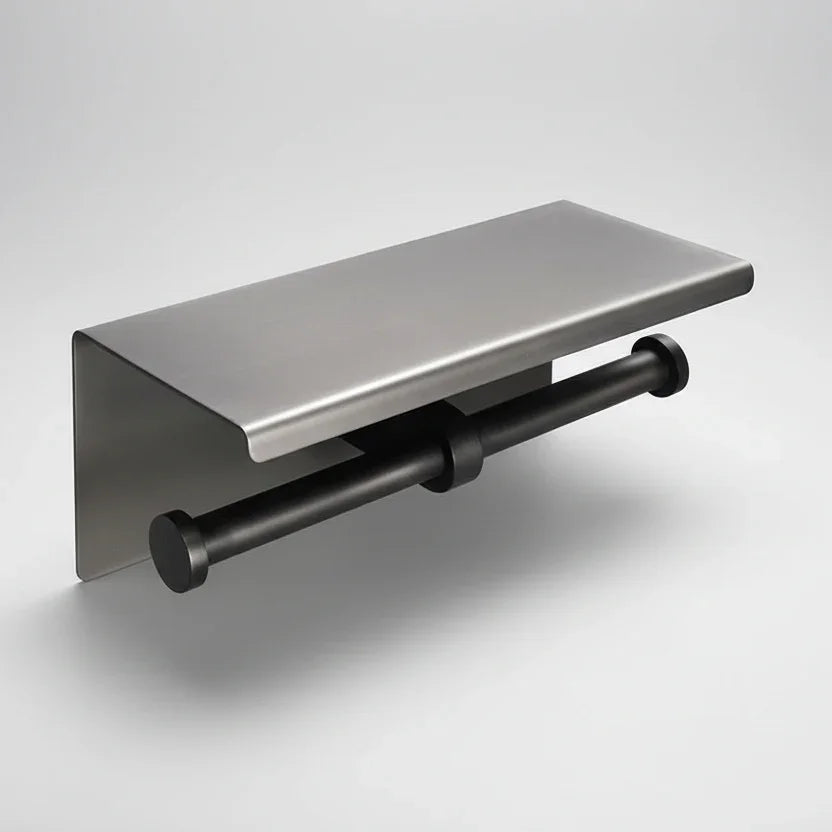Porta Papel Higiênico com Prateleira em Aço Inox Lenogue Preto (duplo)