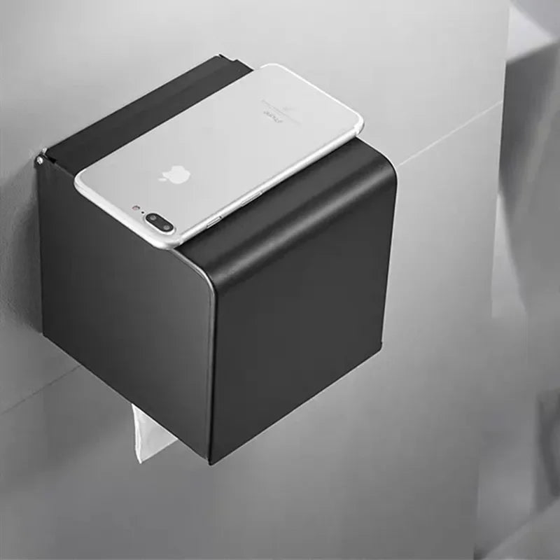 Porta Papel Higiênico com Tampa e Suporte Celular em Aço Inox Lenogue Preto Simples