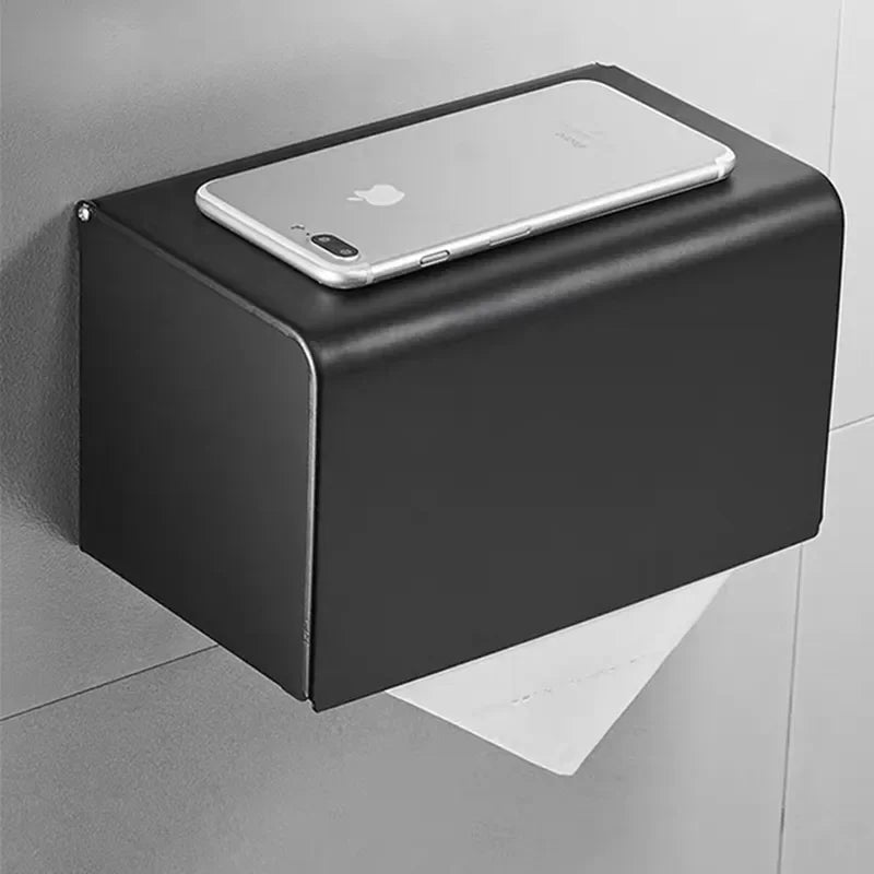 Porta Papel Higiênico com Tampa e Suporte Celular em Aço Inox Lenogue Preto Estendido
