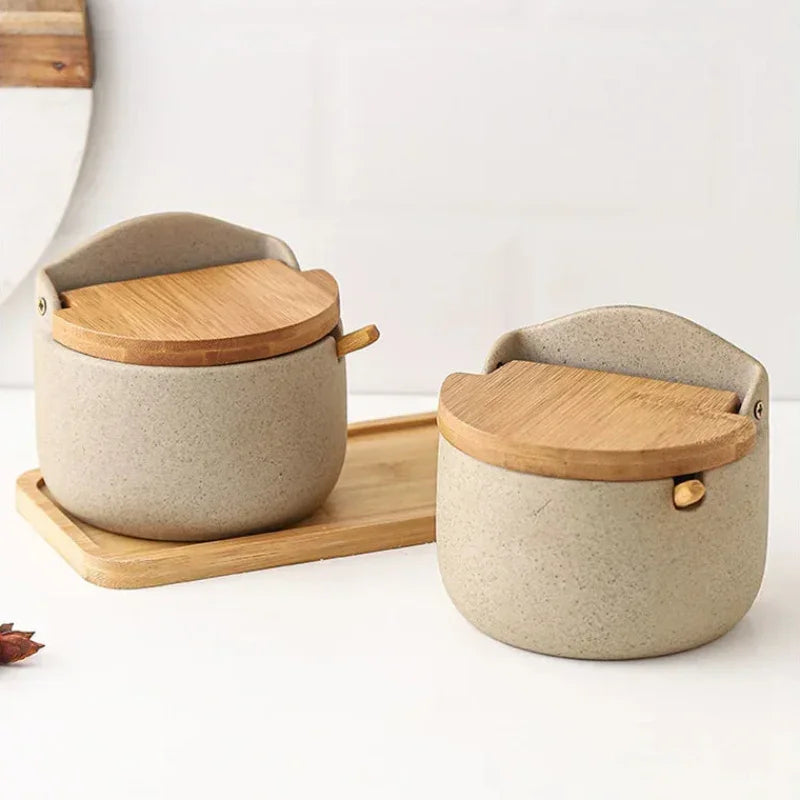 Pote de Temperos Cerâmica Estilo Japonês com Tampa Bambu Lenogue