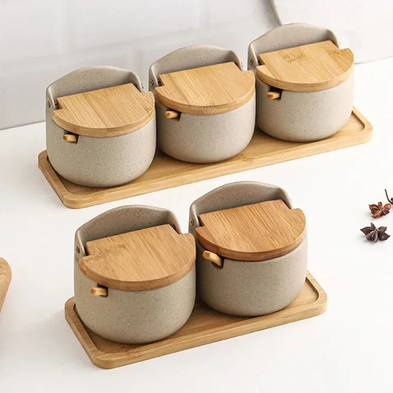 Pote de Temperos Cerâmica Estilo Japonês com Tampa Bambu Lenogue