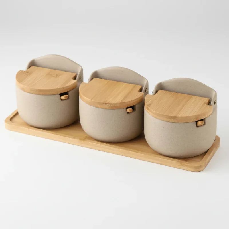 Pote de Temperos Cerâmica Estilo Japonês com Tampa Bambu Lenogue