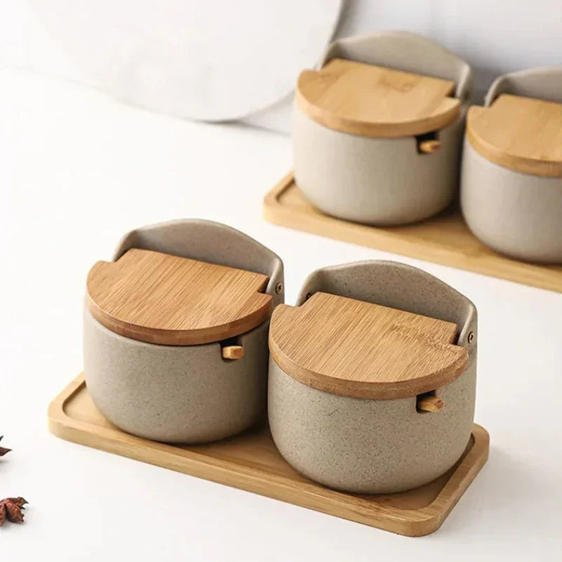 Pote de Temperos Cerâmica Estilo Japonês com Tampa Bambu Lenogue