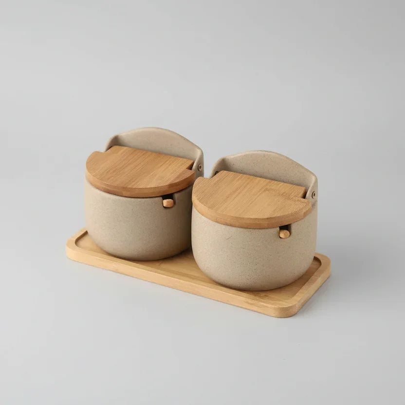 Pote de Temperos Cerâmica Estilo Japonês com Tampa Bambu Lenogue