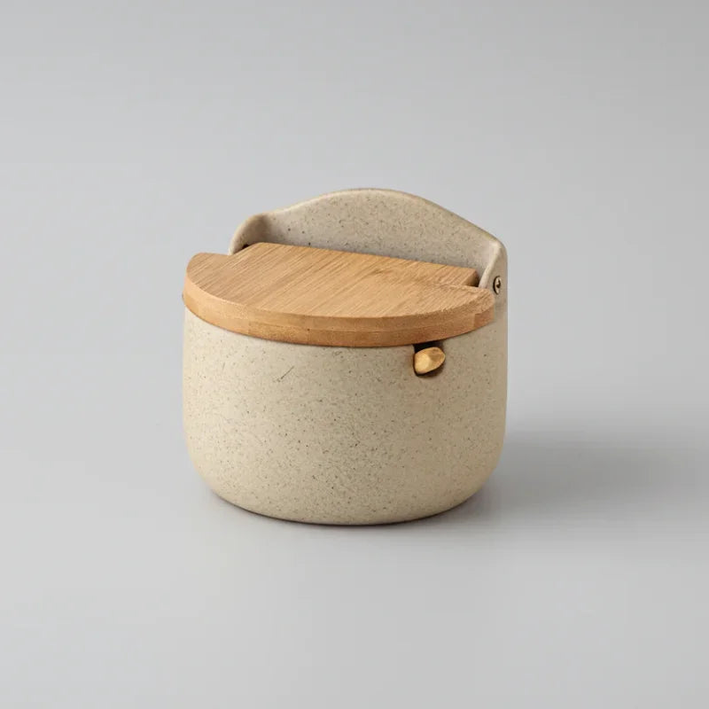 Pote de Temperos Cerâmica Estilo Japonês com Tampa Bambu Lenogue