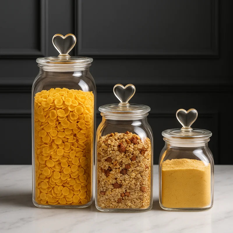 Pote de Vidro Âmbar Borossolicato com Tampa de Coração Lenogue Kit com 3 Peças