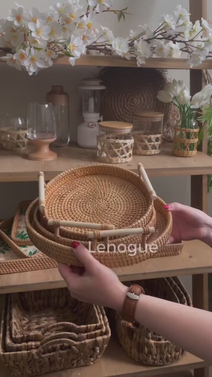 Bandeja Redonda de Vime em Rattan Feita à Mão para Mesa e Decoração Lenogue