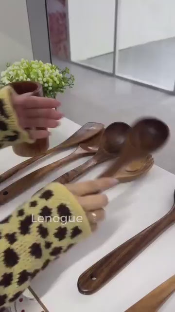 Kit Utensílios de Cozinha 7 Peças em Madeira Teca Lenogue