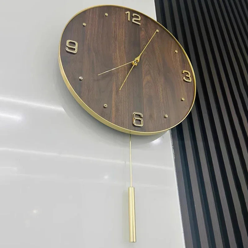 Relógio de Parede Silencioso Cobre com Pêndulo Lenogue Madeira Escura