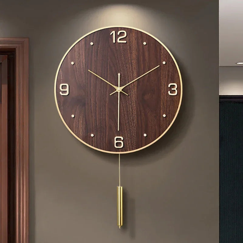 Relógio de Parede Silencioso Cobre com Pêndulo Lenogue Madeira Escura