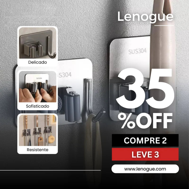 Suporte de Vassoura Adesivo Parede em Aço Inox com Gancho Lenogue Cinza / Compre 2 e Leve 3