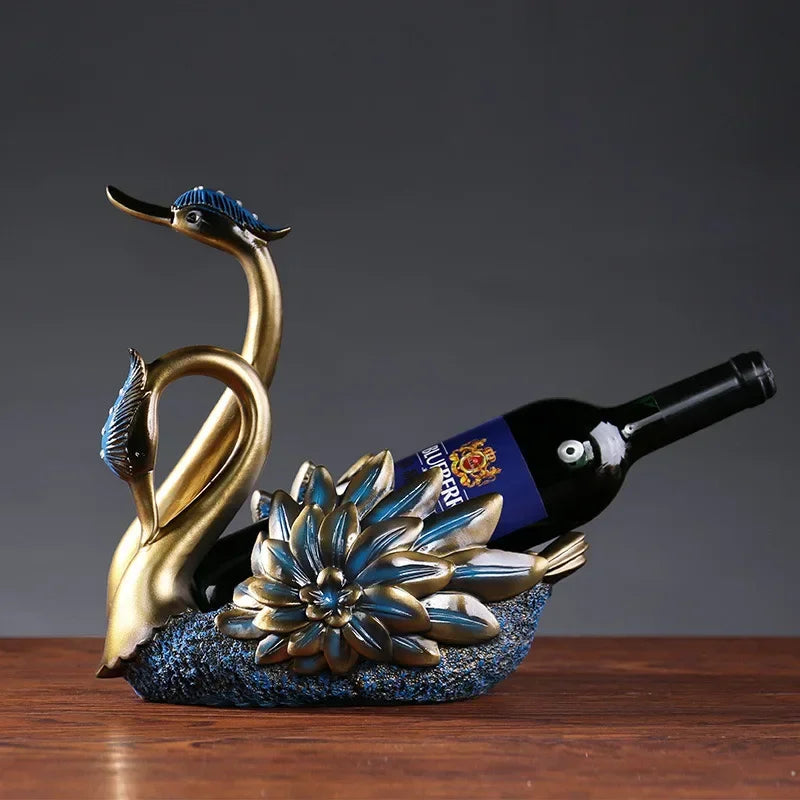 Suporte para Garrafa de Vinho Cisne Estilo Rústico Lenogue Dourado / 27 x 27 x 19 cm