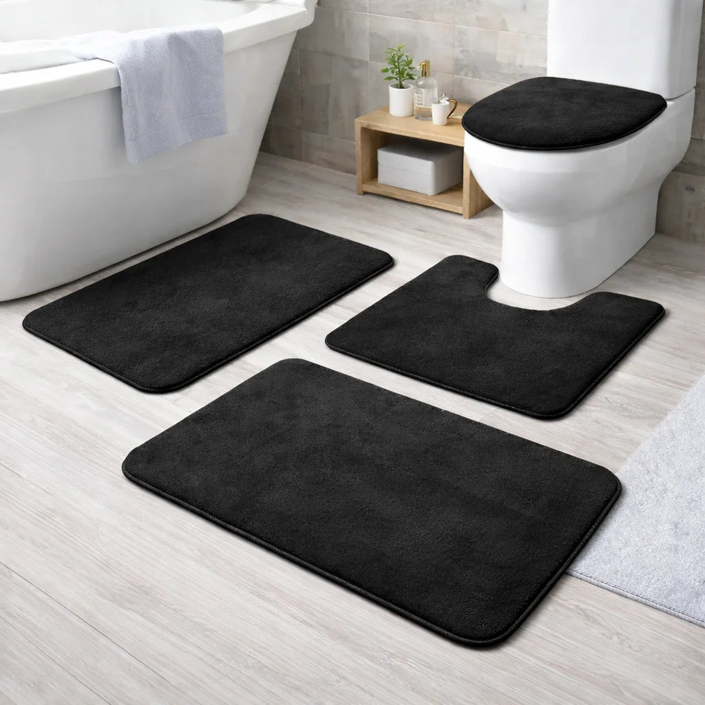 Tapete Antiderrapante de Veludo com Espuma Conjunto 3 Peças Lenogue Preto