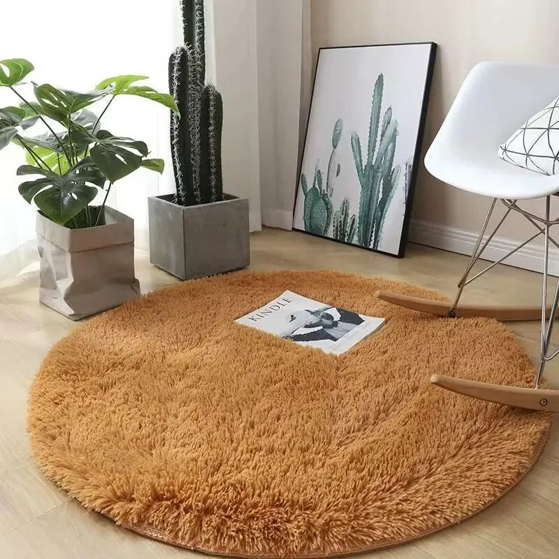 Tapete Felpudo Redondo Antiderrapante para Sala e Quarto Lenogue Caqui / 100 Cm Diâmetro