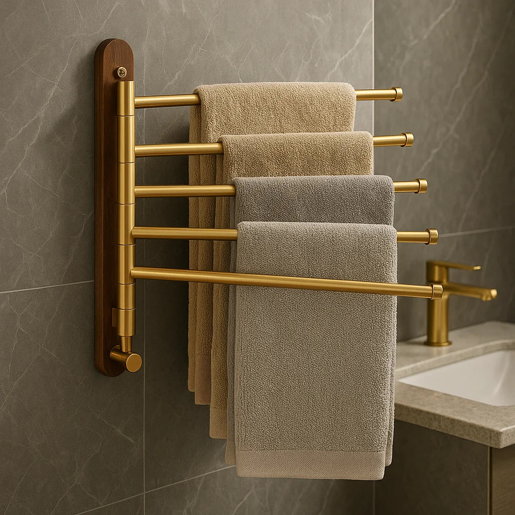 Toalheiro de Parede Escovado Dourado com Madeira Nogueira Lenogue 5 Barras