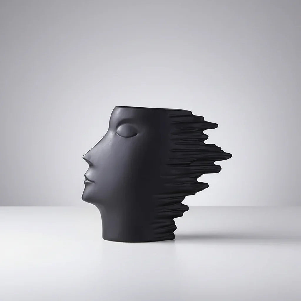 Vaso de Cerâmica Visage Escultura Facial Fosco Nórdico Lenogue Preto